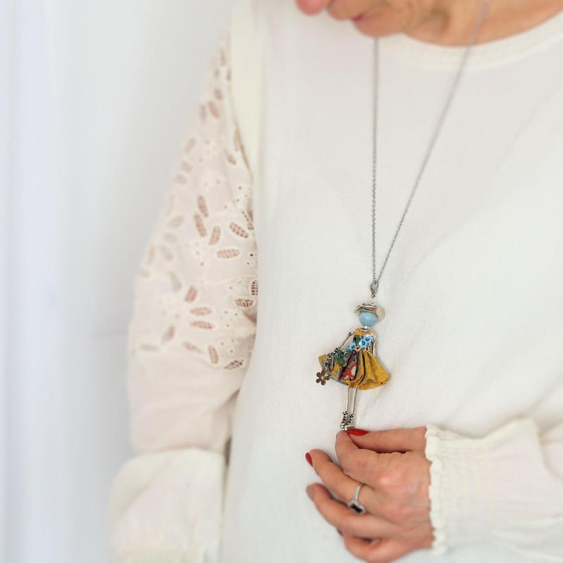 Collier aigue marine femme unique -pendentif poupée unique et original- Murmures d'une charmeuse