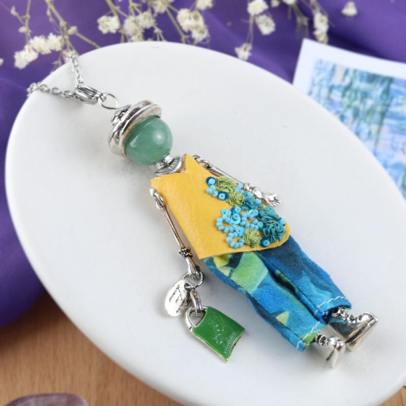 Aventurine collier muse de Monet avec tissu bleu et jaune - Murmures d'une charmeuse